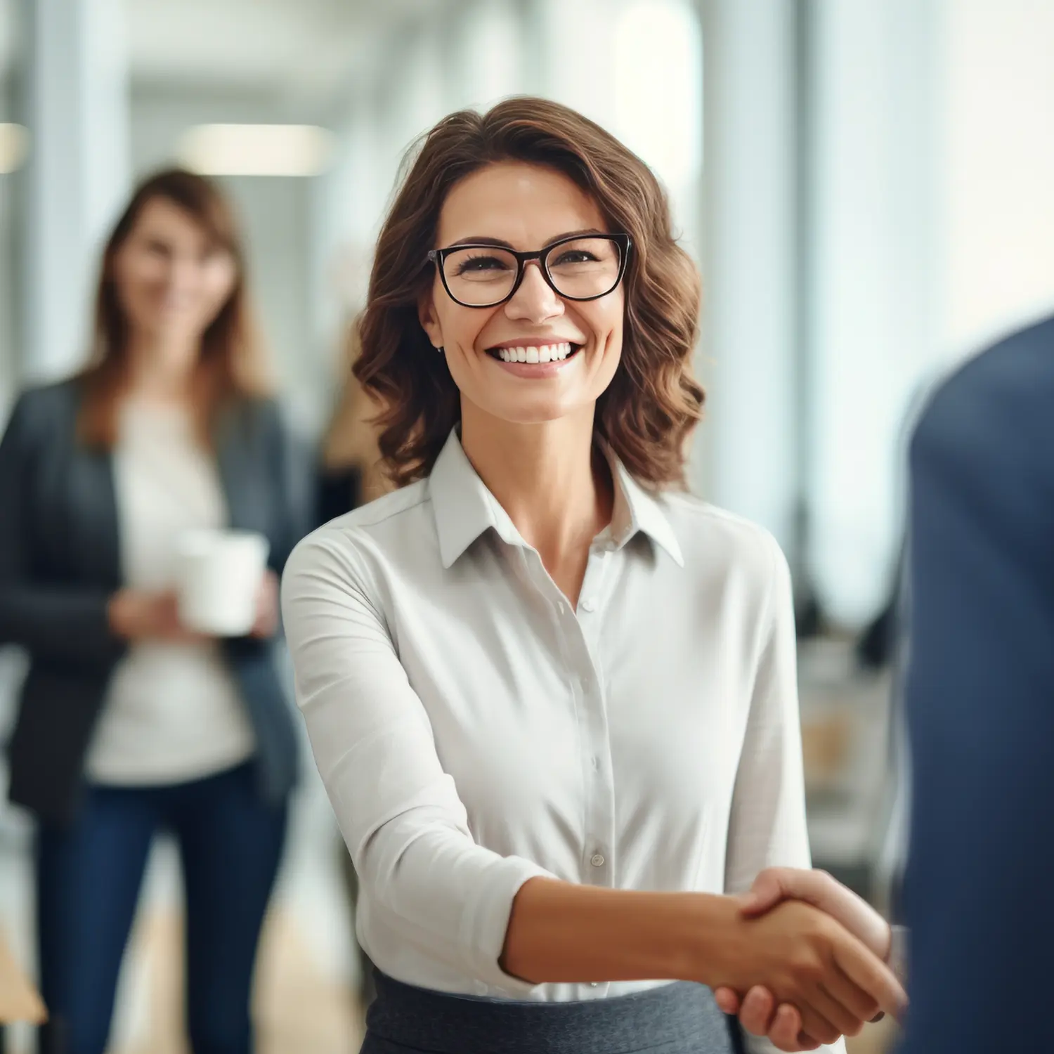 Junge Office-Managerin schüttelt die Hand von ihrem neuen Chef